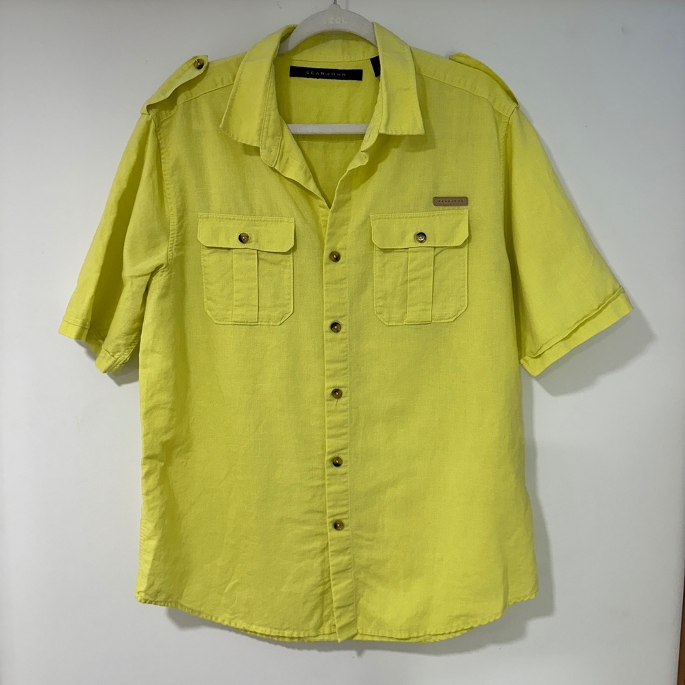 Sean John Mens Shirt XL Linen Cotton Blend Short Sleeve Button Up Safari Yellow